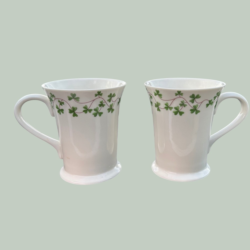 Shannon Fine Porcelain Irish Coffee Mugs Set of 2 White Green Shamrocks Clover